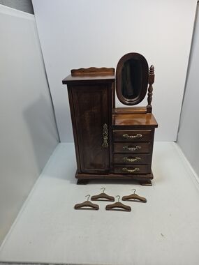 Vintage Wooden Doll Armoire Wardrobe Jewelry Box Mirror Drawers Hangers